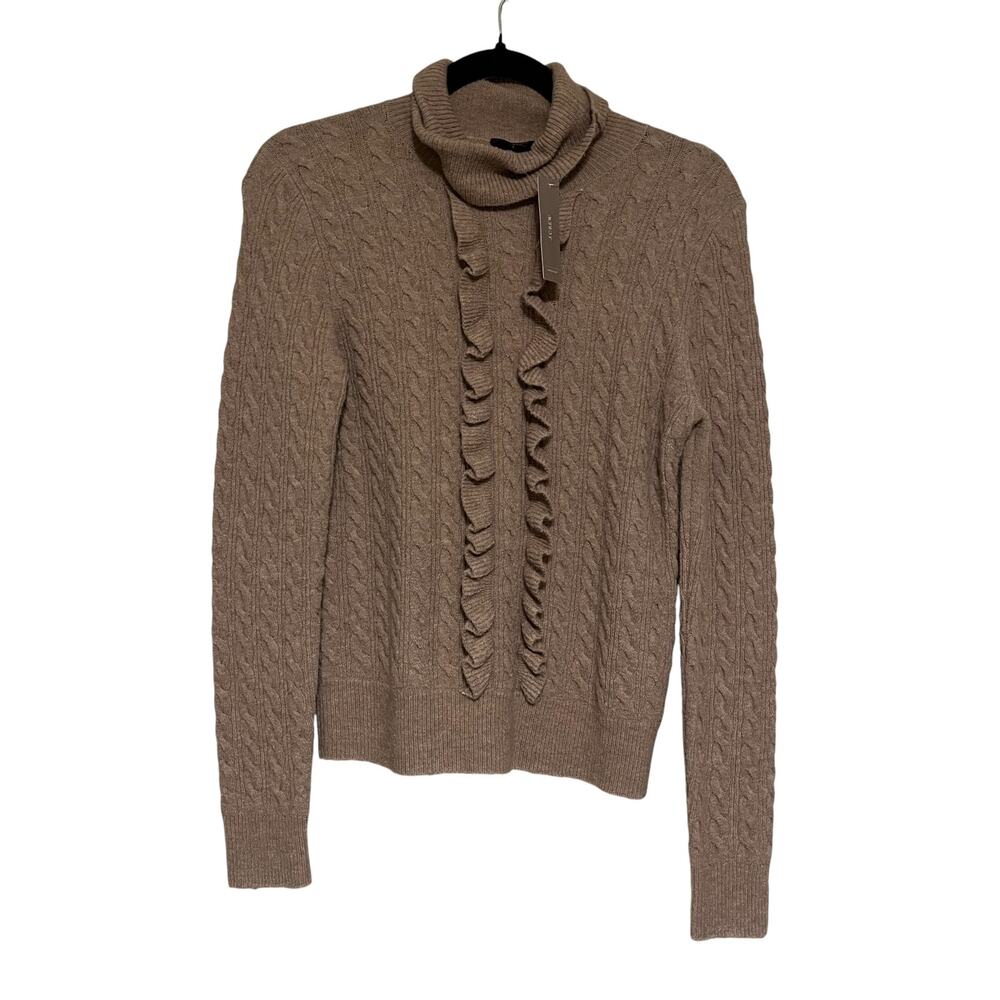 J.Crew Wool Alpaca Blend Ruffled Cable Knit Turtleneck Sweater Beige Size XS - Picture 2 of 9